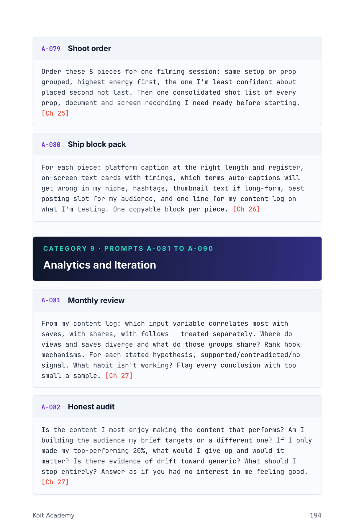 Page 195 of the book, showing a full prompt from the book's numbered library, from AI for Content Creators & Social Media 2026