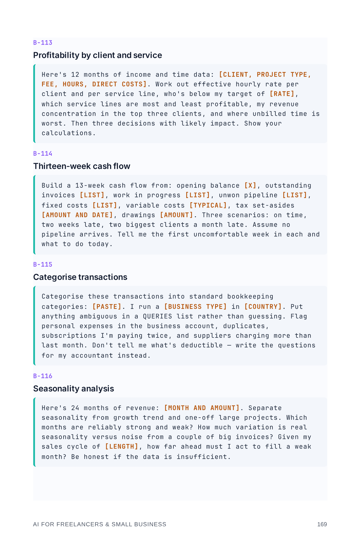 Page 170 of the book, showing a full prompt from the book's numbered library, from AI for Freelancers & Small Business 2026