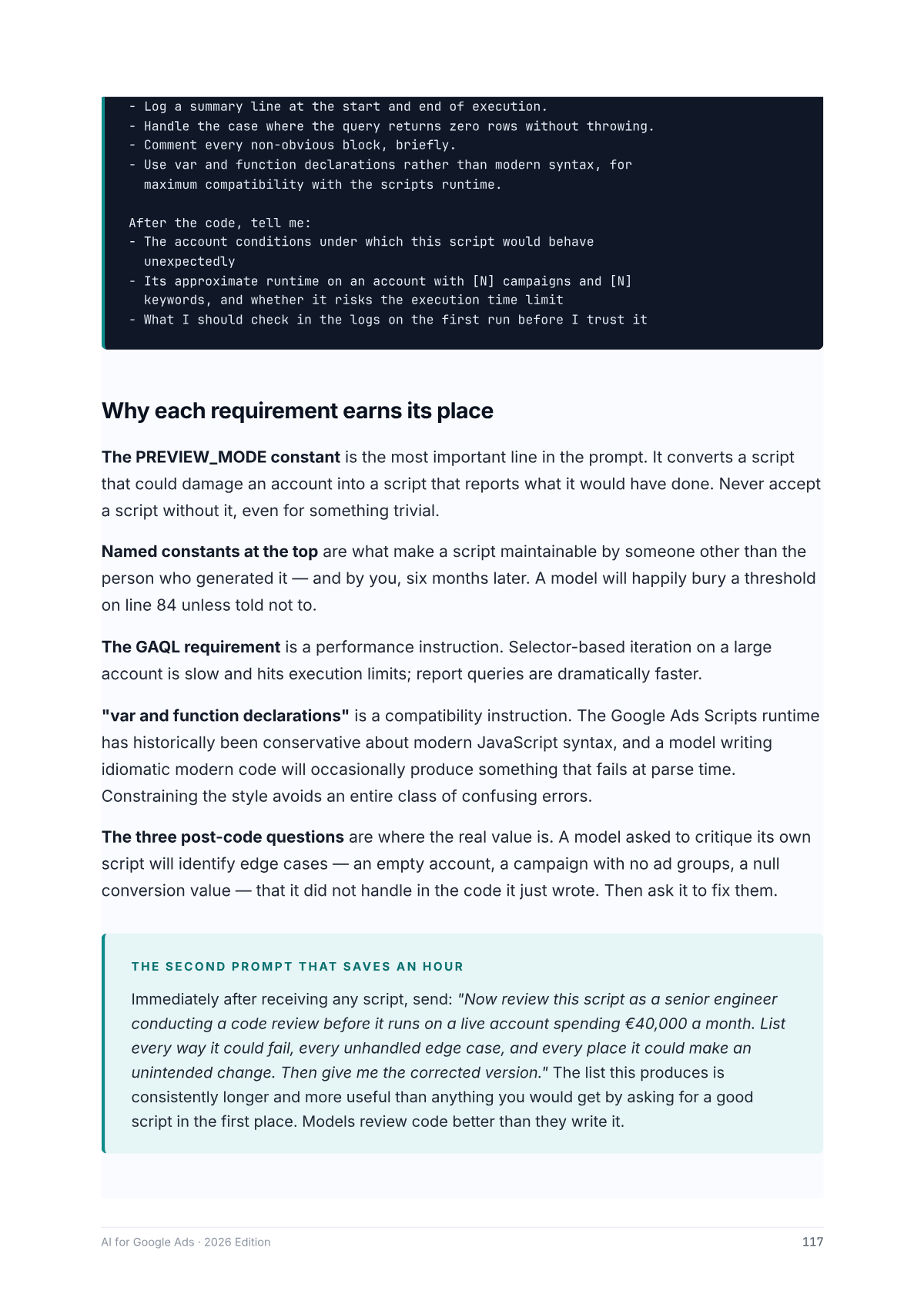 Page 117 of the book, "Why each requirement earns its place" — a structured reference, from AI for Google Ads 2026