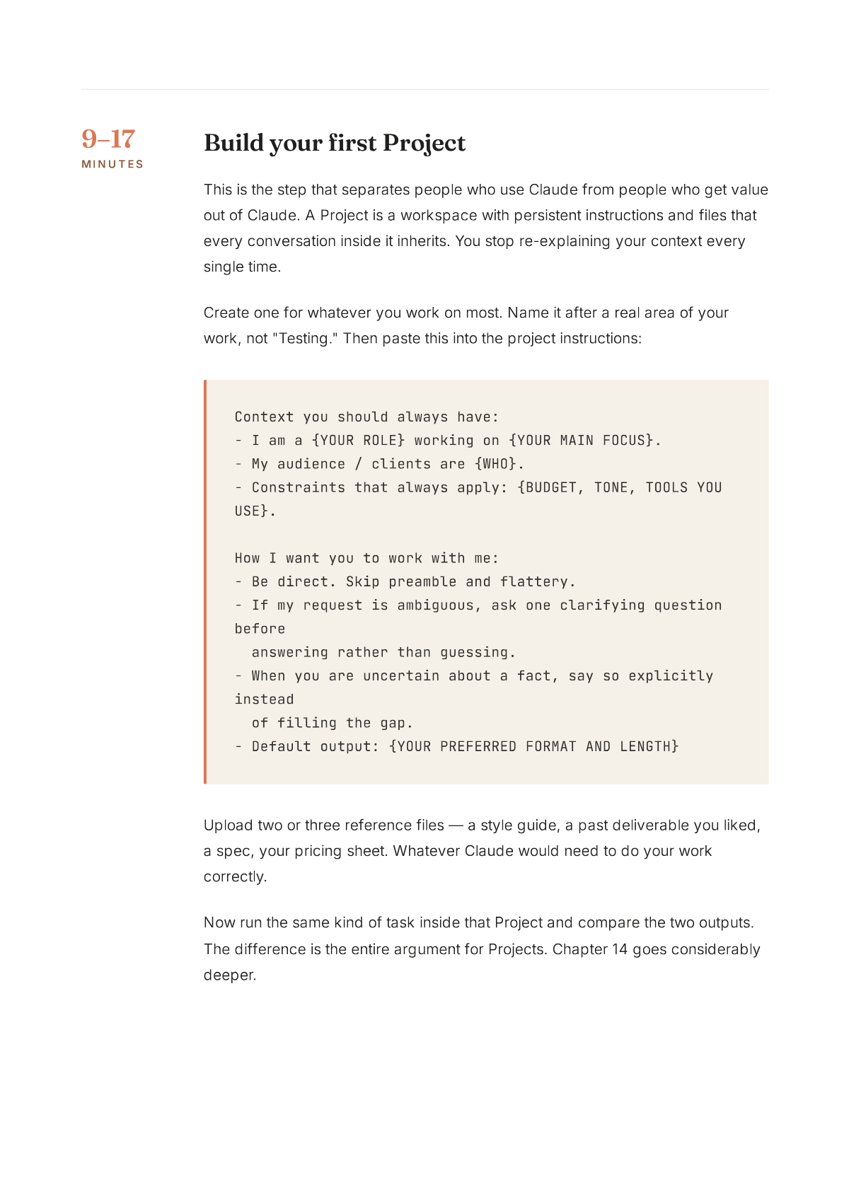 Page 12 of the book, "Build your first Project" — a structured reference, from The Complete Guide to Claude 2026