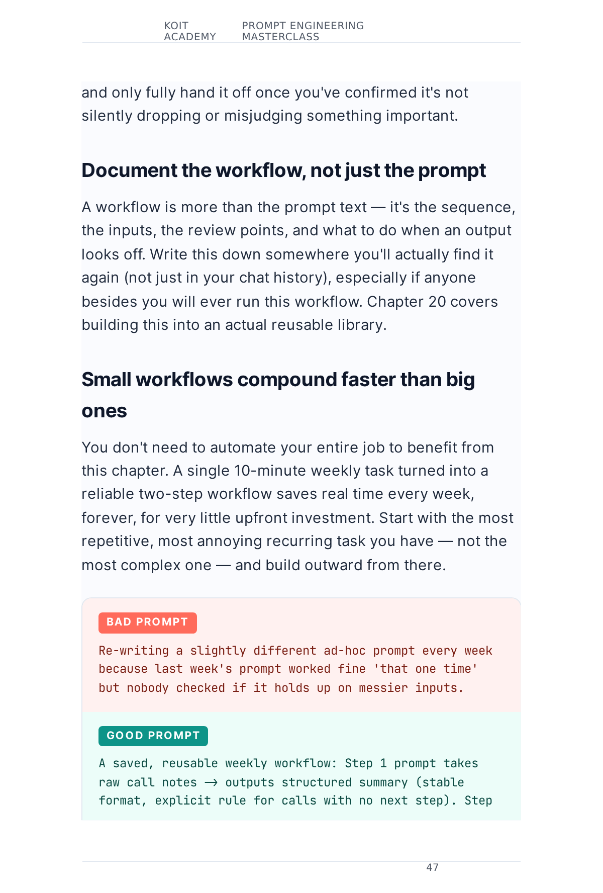 Page 48 of the book, "Document the workflow, not just the prompt" — a weak version and the improved version side by side, from Prompt Engineering Masterclass 2026
