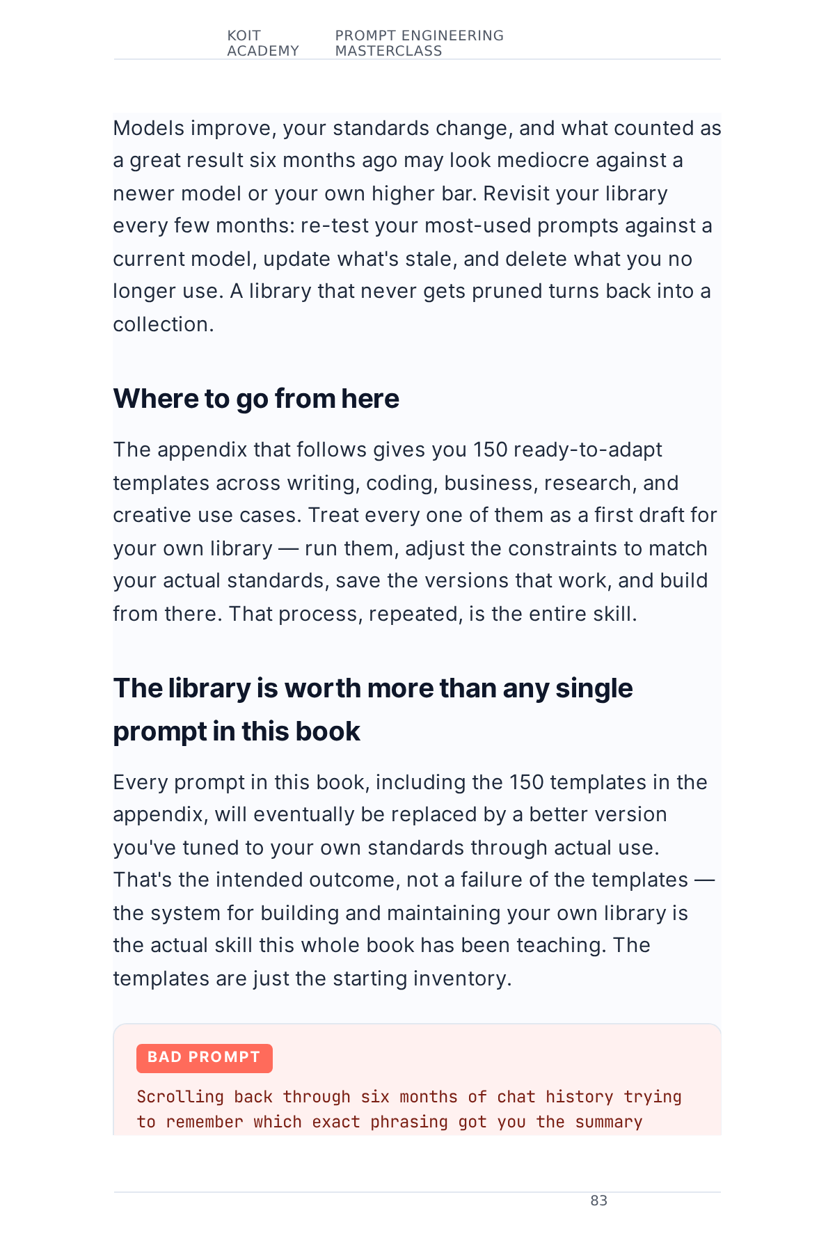 Page 84 of the book, "Where to go from here" — a weak version and the improved version side by side, from Prompt Engineering Masterclass 2026